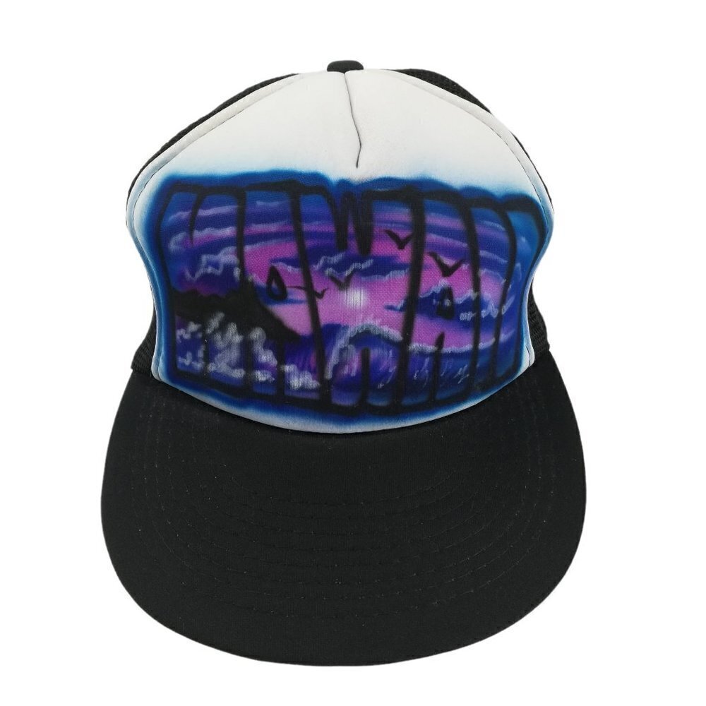 Vintage Hawaii Snap Back Baseball Cap Airbrush One Size Trucker 90s 80s Black